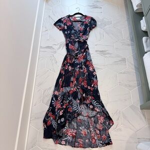 Navy Floral Maxi Dress with Red and White Accents